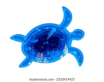 Silueta de tortuga, papel de mar cortado bajo el agua con medusas y algas, vector de corte de papel. Paisaje submarino del mar o del océano con capas de papel cortado de raya de manta, paladar y caballito de mar