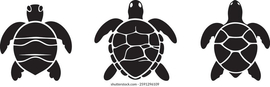 Turtle Silhouette Vector Illustration, Set of Three Turtles