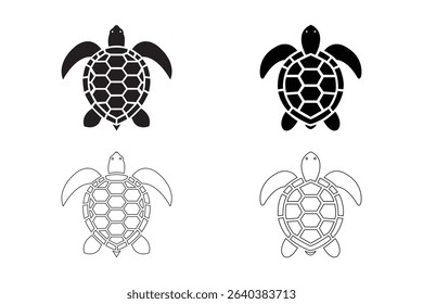 Turtle Silhouette Vector Set – Black and Line Art Sea Turtles for Marine Illustration Design

