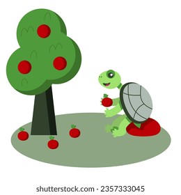 A turtle sits on a rock and eats an apple.