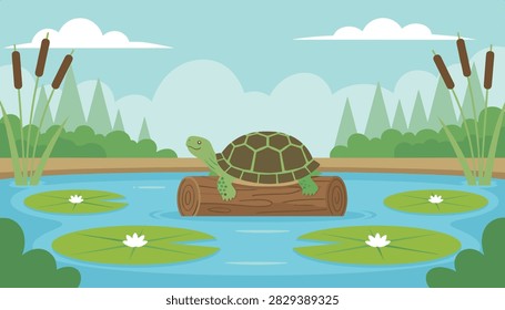 Turtle sitting on a floating log in a serene pond surrounded by blooming lily pads and tall cattails under a blue sky with soft clouds.