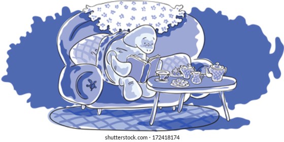 Turtle sitting on a sofa and reading a book