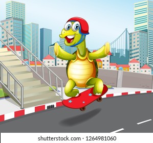 Turtle skateboarding in urban town illustration