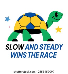 Turtle with slow steady wins the race text, flat sticker 


