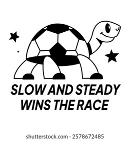 Turtle with slow steady wins the race text, glyph sticker 

