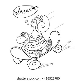 Turtle and Snail on a skateboard. Outline drawing for coloring.