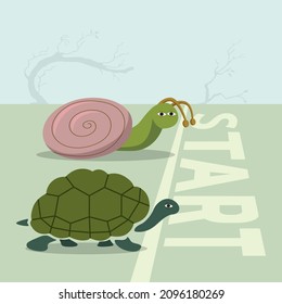 Turtle and snail at the starting point, Illustration vector cartoon
