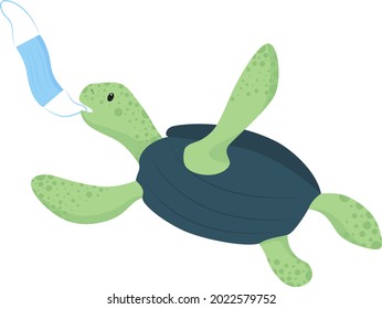 Turtle snatches disposable face mask semi flat color vector character. Full body animal on white. Threat to marine creatures isolated modern cartoon style illustration for graphic design and animation