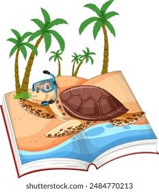 Turtle with snorkel on beach scene