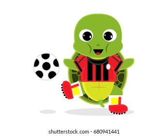  Turtle soccer player cartoon with football boots and playing ball . Funny vector illustration.