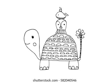 Turtle and Squid and fish Doodle Vector