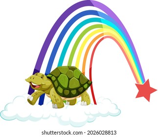 A turtle standing on the cloud with rainbow on white background illustration