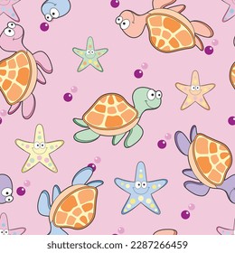 tortuga y estrellas de pescado patean en fondo rosa
