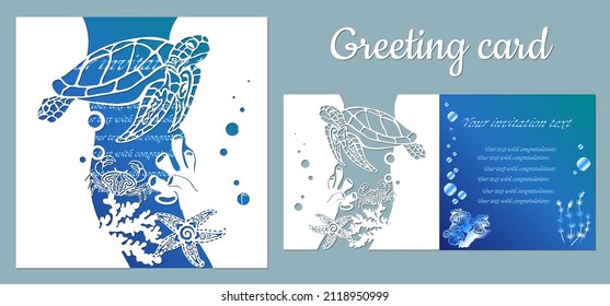 Turtle, starfish, crab. Fauna with marine animals. Template for making a postcard. Vector image for laser cutting, plotter printing and scrapbooking....