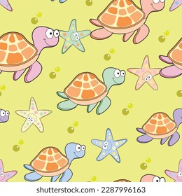 turtle and starfish pattern in yellow background