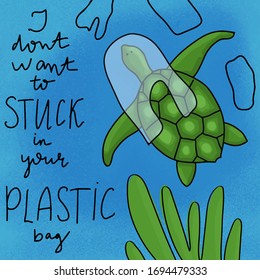Turtle stuck in a plastic bag. Planet and ocean pollution concept. Vector illustartion.