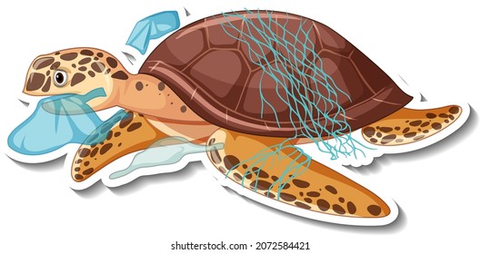 Tortuga atascada con una ilustración de una caricatura de basura plástica