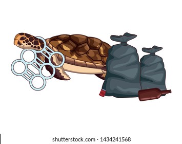 turtle stuck with a sixpack plastic ring icon cartoon vector illustration graphic design
