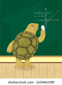 Turtle is studying algebra. Chart on the school blackboard. Vector illustration.