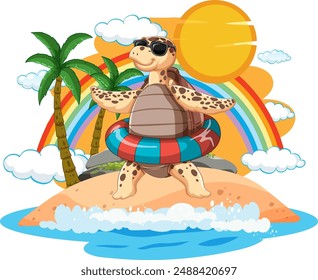 Turtle with sunglasses on a sunny beach