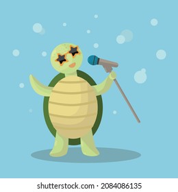 Tortuga con gafas de sol canta en un soporte de micrófono