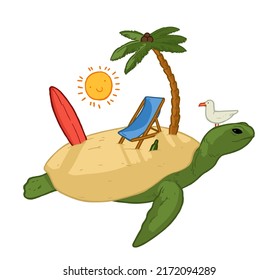 Turtle surfing beach isolated vector illustration. Turtle with beach on it's back with sling chair and surfboard, palm-tree and seagull.