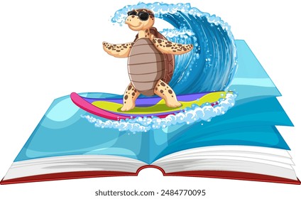 A turtle surfing on a colorful wave