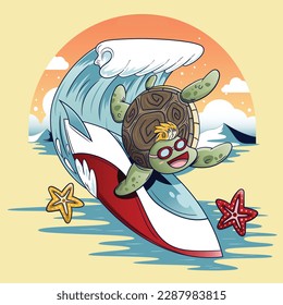 Turtle surfing with surfboard and starfish. Vector illustration.