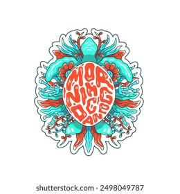Turtle surrounded by beautiful coral flowers. Illustration. Good morning ocean design. Great for stickers and others