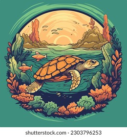 turtle swim in sea underwater scene vintage logo badge vector illustration