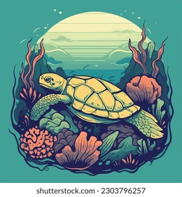 turtle swim in sea underwater scene vintage logo badge vector illustration