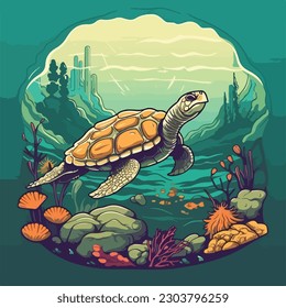 marea tortuga en el mar escena subacuática vintage logotipo emblema ilustración vectorial