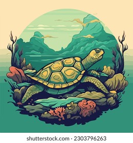turtle swim in sea underwater scene vintage logo badge vector illustration