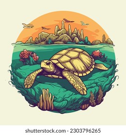 turtle swim in sea underwater scene vintage logo badge vector illustration