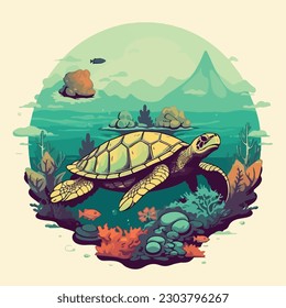 turtle swim in sea underwater scene vintage logo badge vector illustration