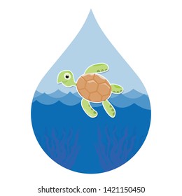 Turtle swim in water droplets.