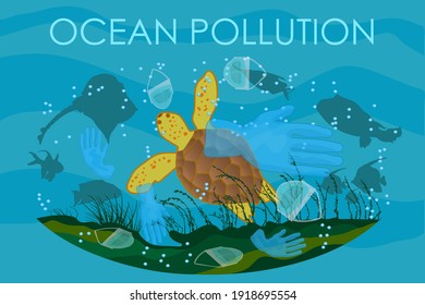 Turtle swimming among garbage. Stop sea plastic pollution. Ocean protection from trash. Ocean pollution impact on ecosystem and wildlife animals. Environmental problem concept banner or poster. Vector