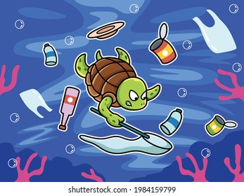 Turtle Swimming Clean Up Pollution in the Sea. Animal Vector Icon Illustration, Isolated on Premium Vector