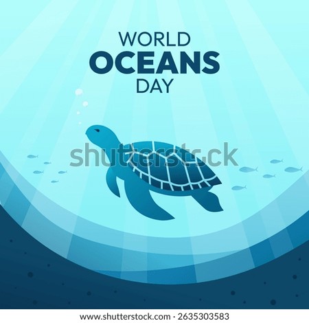 A turtle is swimming in the ocean on World Oceans Day. There are fish in the water