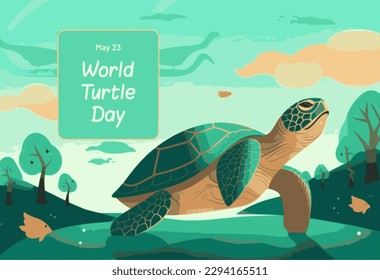 Natación de tortugas en el océano, texto "Día Mundial de la Tortuga, 23 de mayo"