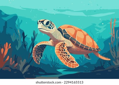 Natación de tortugas en el océano, Día Mundial de la Tortuga o Cartel del Día Mundial del Océano