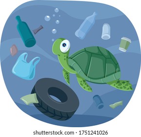Turtle Swimming in Polluted Ocean Vector Illustration. Sea turtle living underwater surrounded by garbage 
