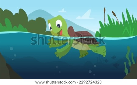 Turtle swimming. river or swamp life. Vector reptile turtle cartoon background
