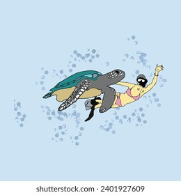 Turtle swims in the sea with diver women. 