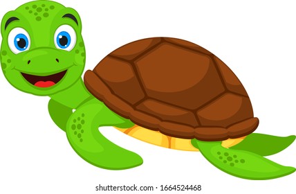 Turtle swims and smiles on a white background. Character