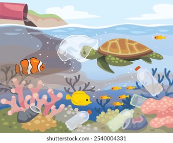 Una tortuga nada bajo el agua. Vida submarina con tortuga. Mar contaminado con bolsas de plástico, latas y botellas. Agua sucia. Vida marina en peligro.