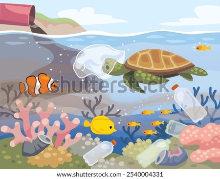 A turtle swims underwater. Underwater life with  turtle. Contaminated sea with plastic bags, cans and bottles. Dirty water. Ocean life in danger.
