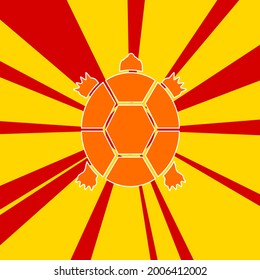Turtle symbol on a background of red flash explosion radial lines. The large orange symbol is located in the center of the sun, symbolizing the sunrise. Vector illustration on yellow background