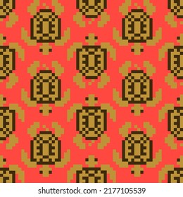 Turtle symbol seamless background. Pixel ornament, amulet. Vector pattern