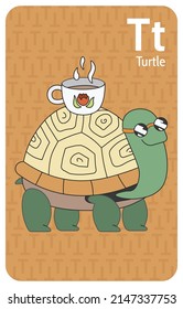 Turtle T letter. A-Z Alphabet collection with cute cartoon animals in 2D. Turtle with sunglasses is standing. Smiling green turtle with cup of tea on the shell. Hand-drawn funny simple style.